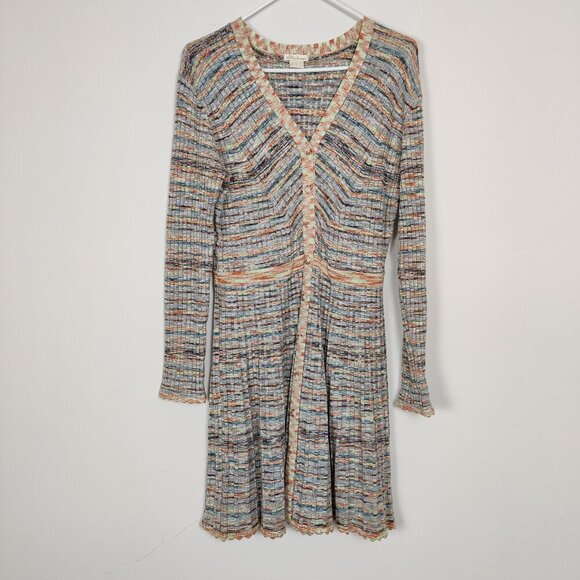 Shoshanna Women's Mini Dress Size L Multicolor Scalloped Hem Knit Ribbed V Neck - Picture 7 of 14